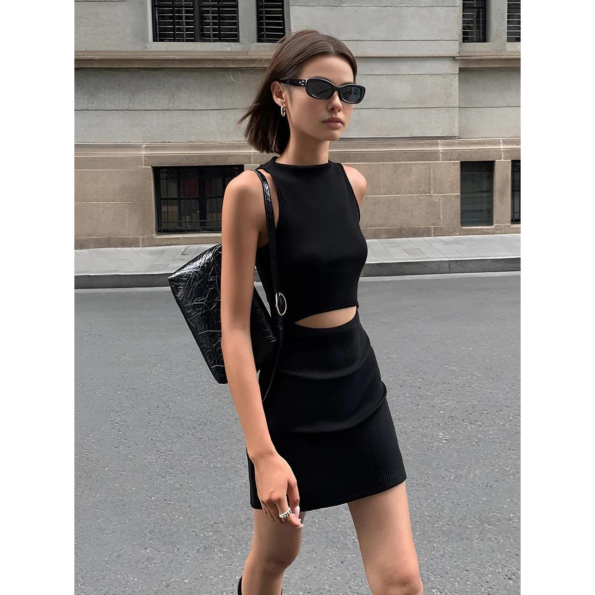 Commense Ribbed Cutout Mini Dress Bodycon Sleeveless Tank Dress Party Black S